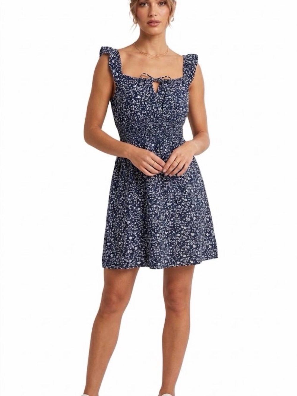 Old Navy Blue White Floral Smocked Waist Bow A-Line Dress S